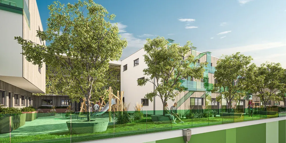 Visualisierung: begrünter Innenhof mit Spielplatz der Wohnanlage Ellmosener Straße 32
