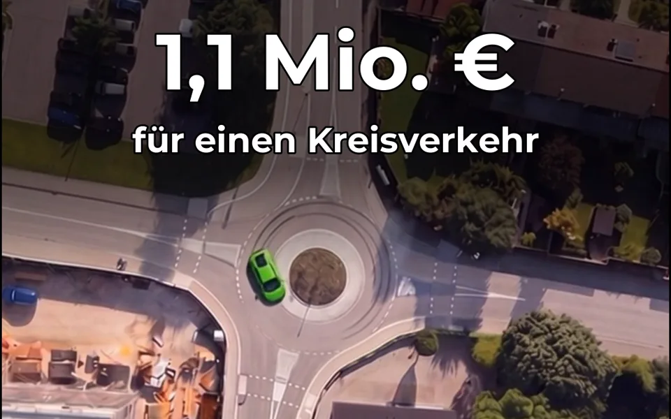 Visualisierung des neuen Kreisverkehrs an der Ellmosener Straße mit Sportwagen – Titelbild des Instagram-Reels zum Baustart